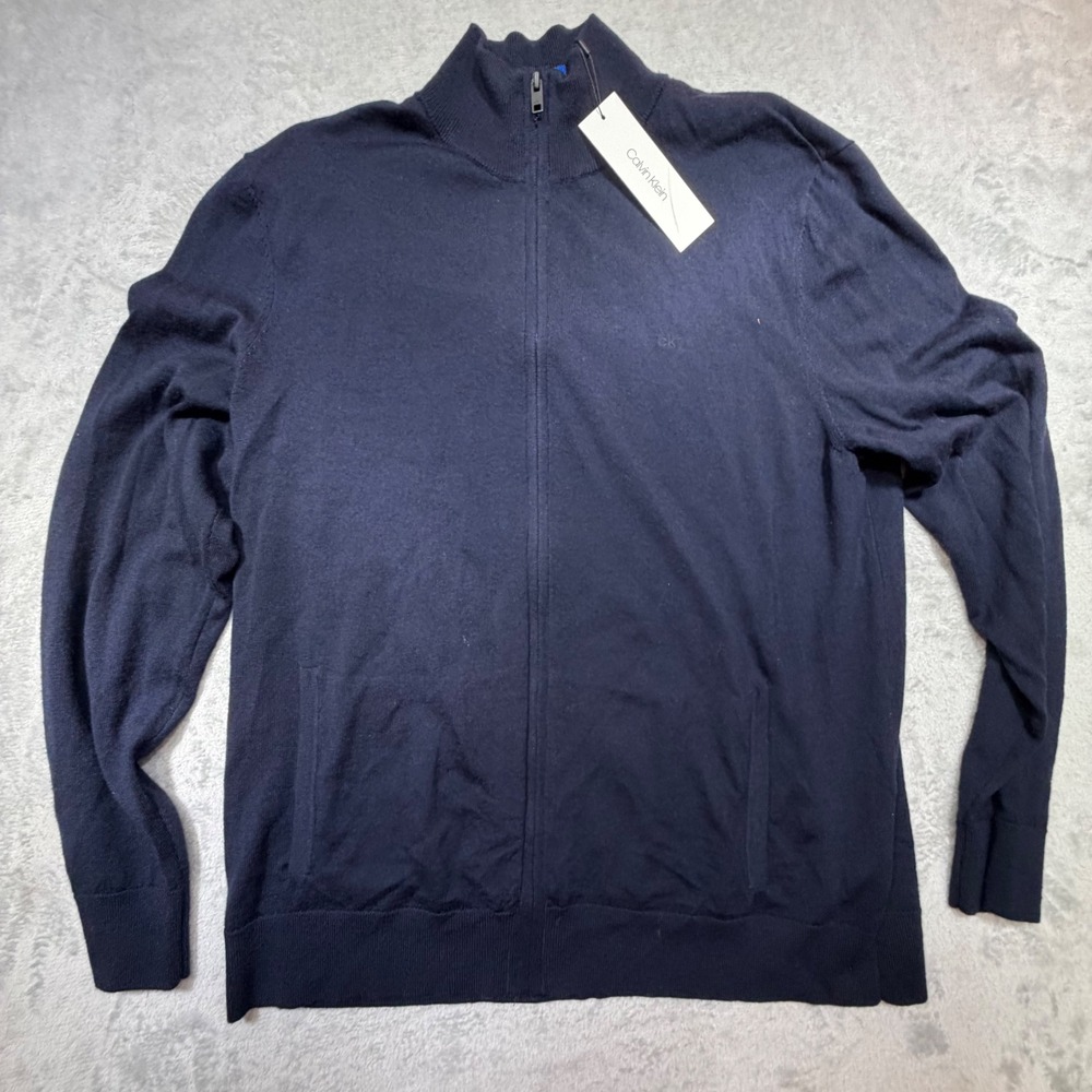 Calvin Klein Mens Navy Blue Cotton Full Zip Sweater Mock Neck XL NWT Classic